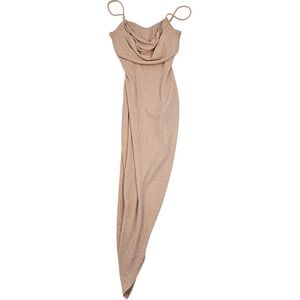 Q U.S.A. Cowl Neck Metallic Champagne Gold Glitter Asymmetrical Midi Dress Small